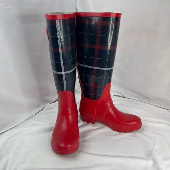 TALBOTS Women's Red Plaid Mid-Calf Rain Boots Size 6 Waterproof - Picture 5 of 9